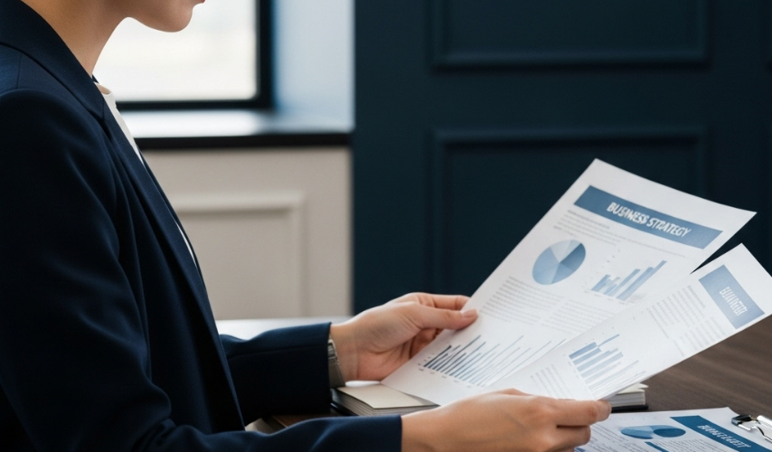 女性が資料を持っている