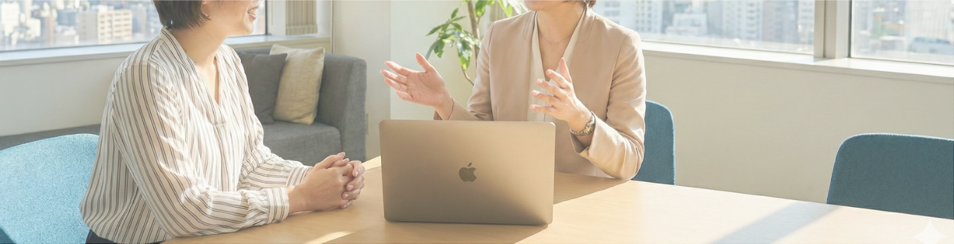 二人の女性が対談している